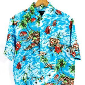 Vtg Van Cort Hawaiian Shirt Men's L? Short Sleeve Blue White Fish Island Print